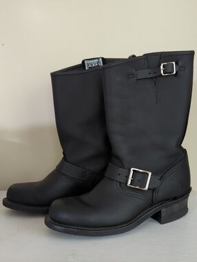 Frye Men's Black Leather Engineer Boots with Silver Buckles